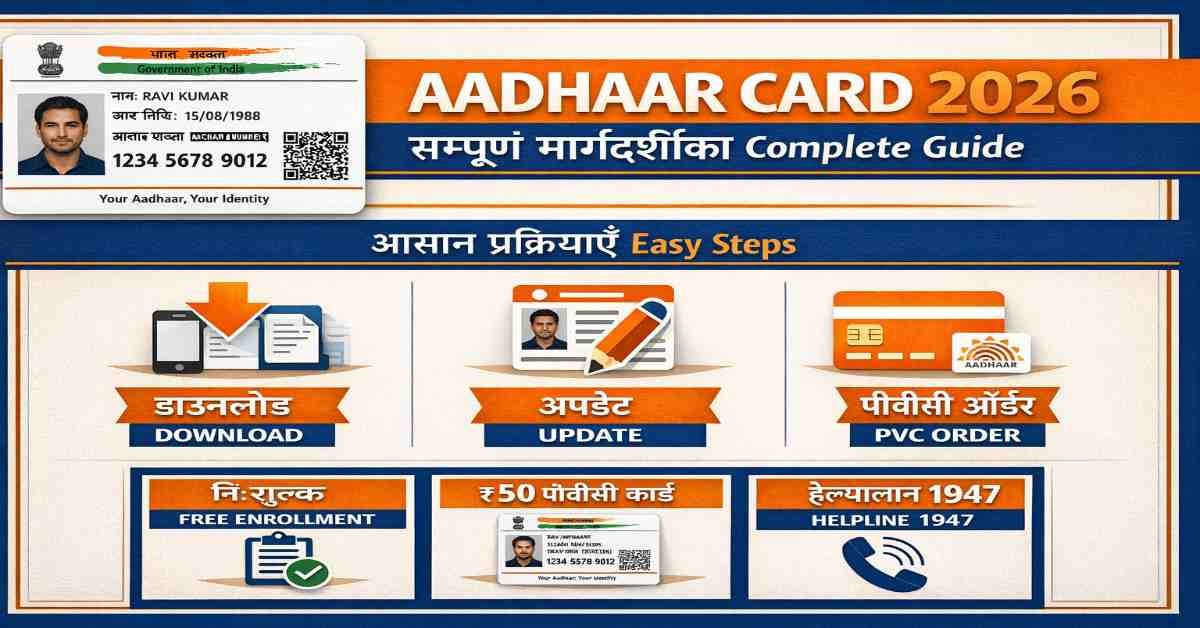 Aadhaar Card 2026 guide banner showing PVC card, laptop and smartphone with digital India