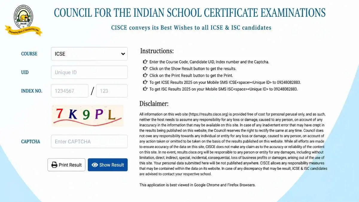 ICSE ISC Result 2026 login page with captcha and result check form at CISCE official website