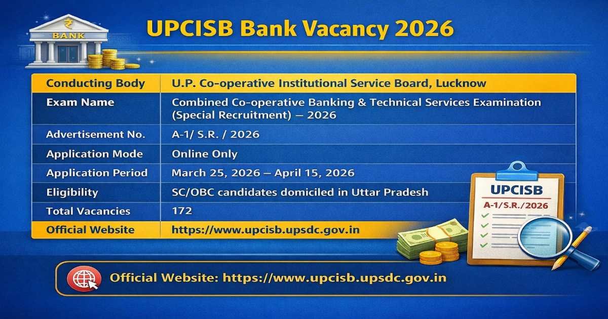 UPCISB Bank Vacancy 2026 banner showing 172 vacancies for SC and OBC candidates of Uttar Pradesh. Apply online from March 25 to April 15, 2026.