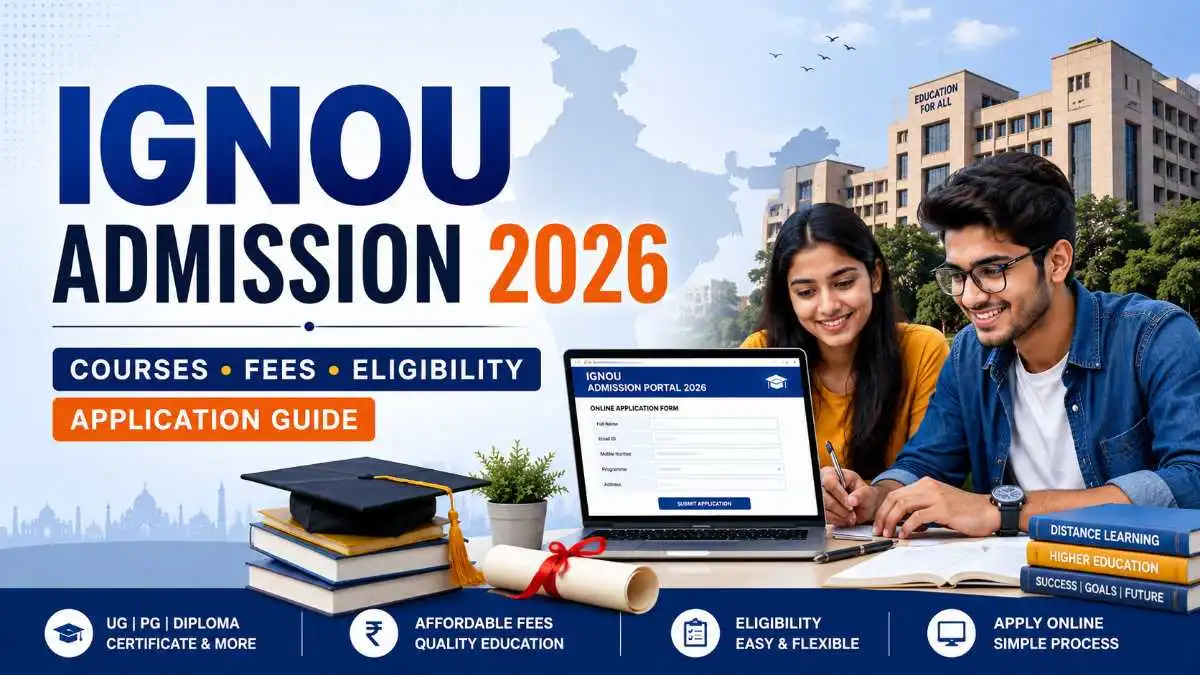 IGNOU Admission 2026 complete guide showing online application, graduation cap and study materials