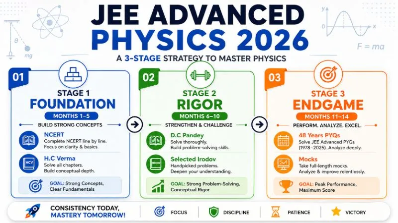 JEE Advanced Physics 2026 – 3 Stage Strategy | Foundation → Rigor → Endgame Preparation Guide JEE Advanced Physics 2026 3-stage preparation strategy infographic. Stage 1 Foundation months 1-5 with NCERT and H.C. Verma for concept building. Stage 2 Rigor months 6-10 with D.C. Pandey and selected Irodov for multi-concept problems. Stage 3 Endgame months 11-14 with 48 years PYQs and mock tests for exam pattern mastery.