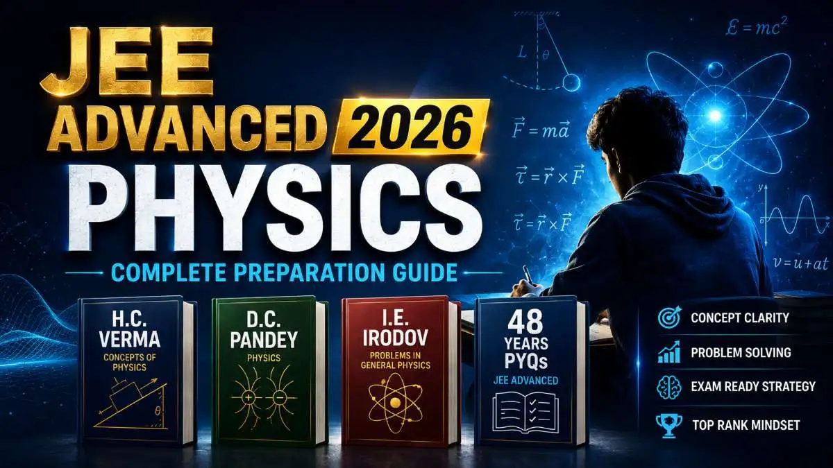 JEE Advanced Physics 2026 preparation guide featuring best books H.C. Verma Concepts of Physics, D.C. Pandey Understanding Physics, I.E. Irodov Problems in General Physics, and 48 years previous year questions. Complete strategy to crack IIT entrance exam.