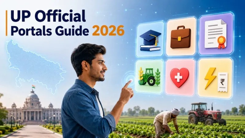 UP Official Portals Guide 2026 showing education jobs certificates farmers services