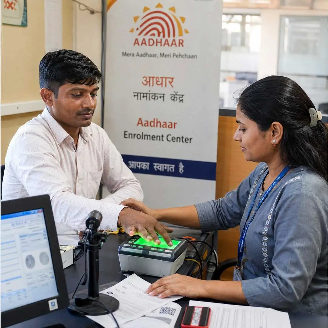 Aadhaar Enrollment Process 2026 – UIDAI Biometric Registration Center Aadhaar enrollment process at UIDAI center showing biometric fingerprint scanning and government officer assisting applicant in Aadhaar registration 2026