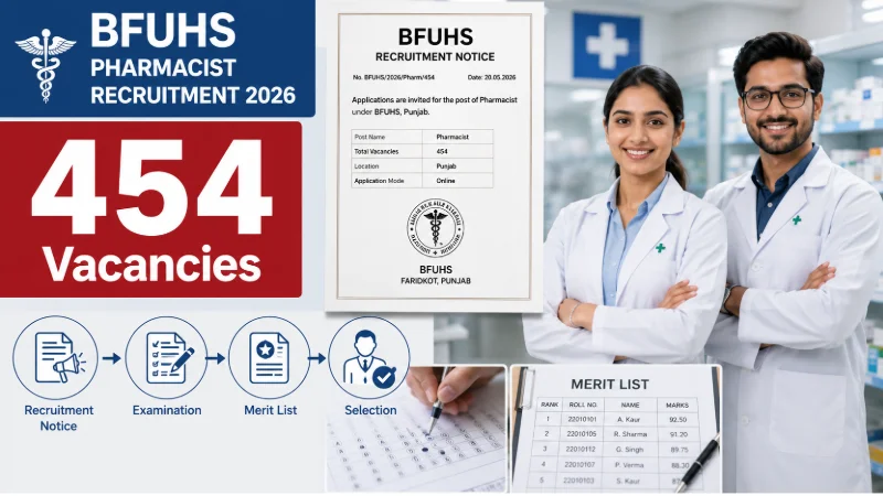 BFUHS Pharmacist Recruitment 2026 showing 454 Pharmacy Officer vacancies, written examination, merit list and selection process details
