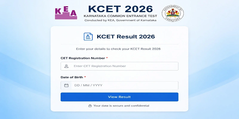 KCET Result 2026 Rank Card Download KEA KCET Result 2026 login portal screen showing CET Registration Number and Date of Birth fields to check result online.