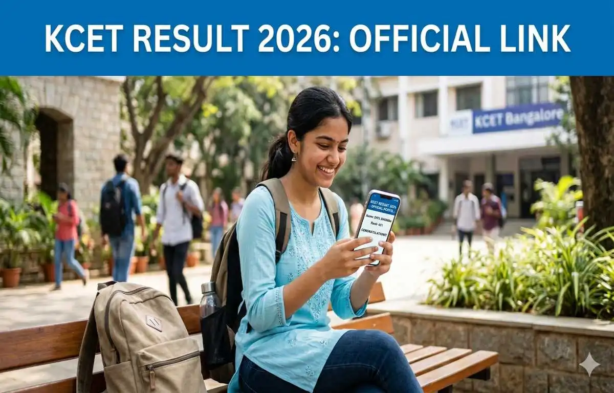 A happy student checking KCET 2026 results on her smartphone on a college campus.