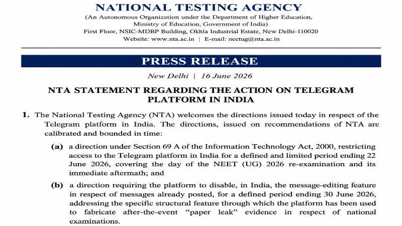 NTA Official Press Release 16 June 2026 - Telegram Ban in India till 22 June 2026 Under Section 69A IT Act