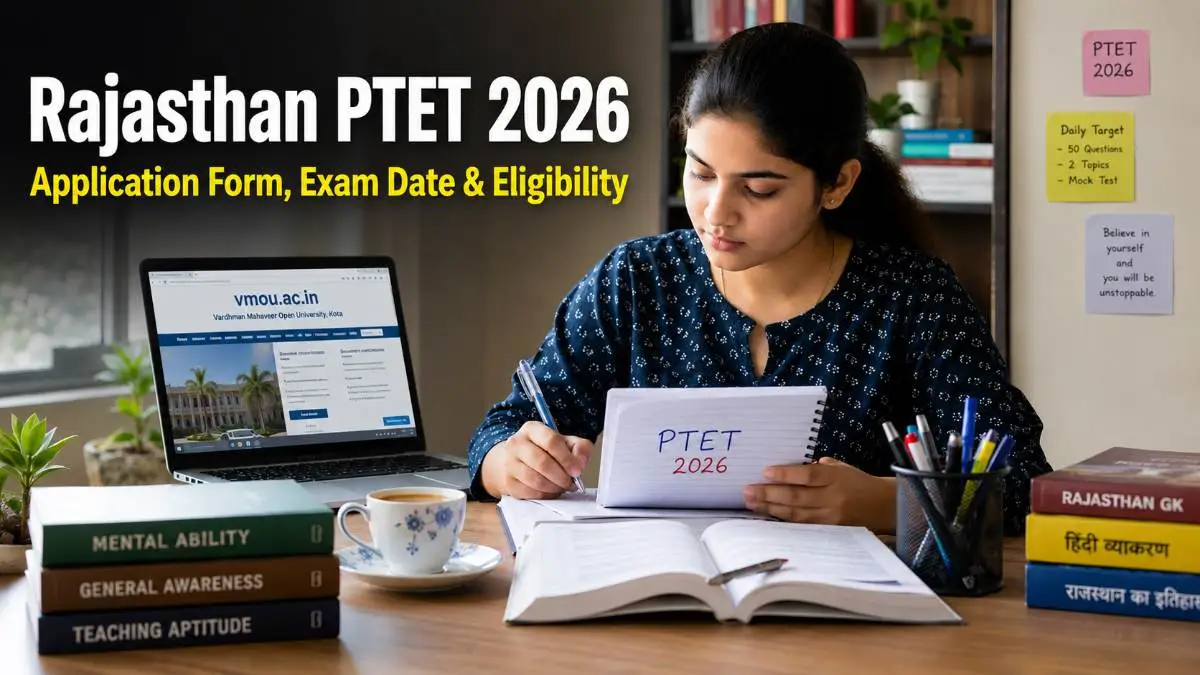 Rajasthan PTET 2026 exam preparation student studying for B.Ed entrance guide with books and laptop showing VMOU Kota official website