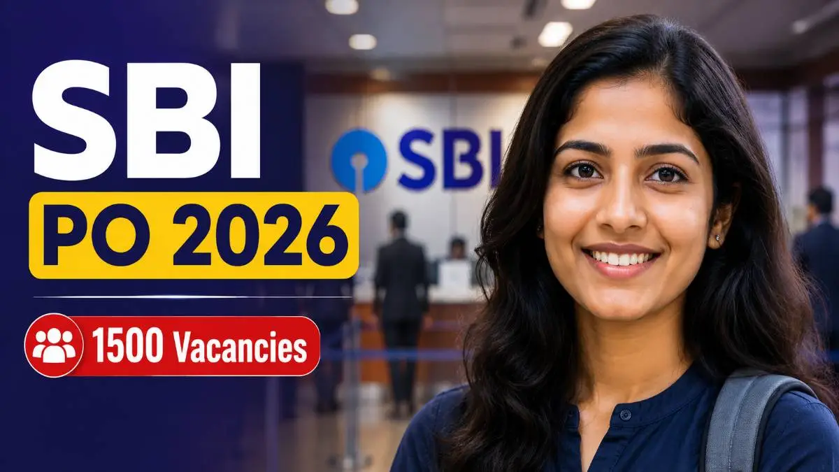 SBI PO Recruitment 2026 featured image showing a young banking aspirant with SBI office background and 1500 vacancies announcement