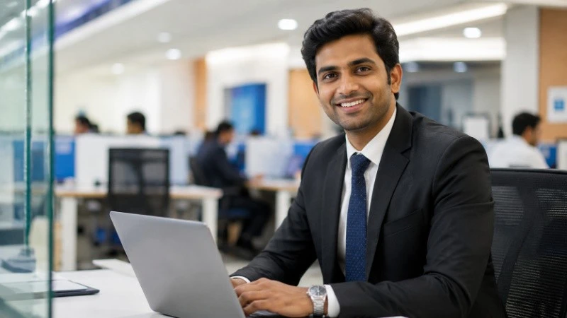 SBI PO Salary 2026 and Banking Career Opportunities Young Indian bank officer working in a professional banking environment representing SBI PO career opportunities