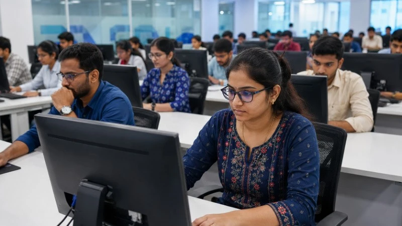 SBI PO 2026 Selection Process and Online Examination Candidates appearing for SBI PO 2026 online examination in a computer-based test center