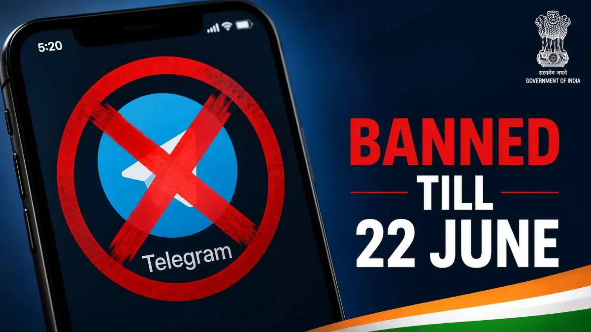Telegram app blocked in India with red error symbol, text overlay showing temporary ban till 22 June 2026 for NEET UG exam security