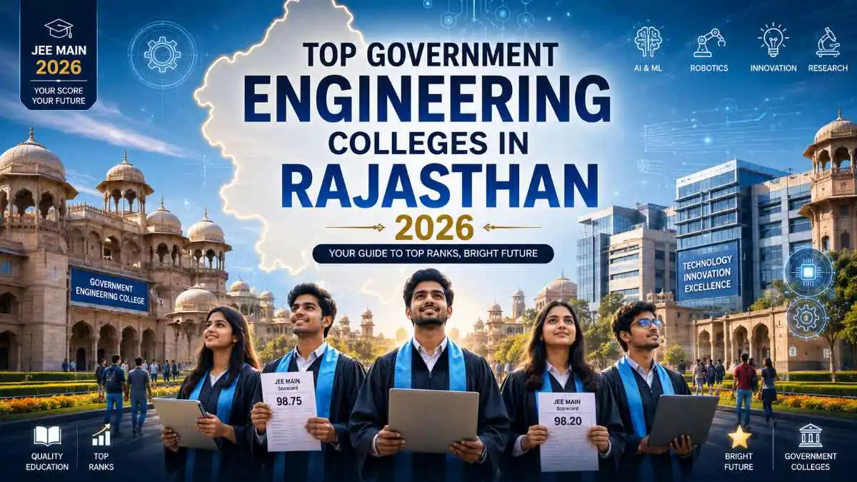 Top government engineering colleges in Rajasthan 2026 illustration showing futuristic campus with students in graduation attire holding laptops and JEE Main scorecards, Rajasthan map, engineering gears and AI symbols, admission guide for REAP counselling