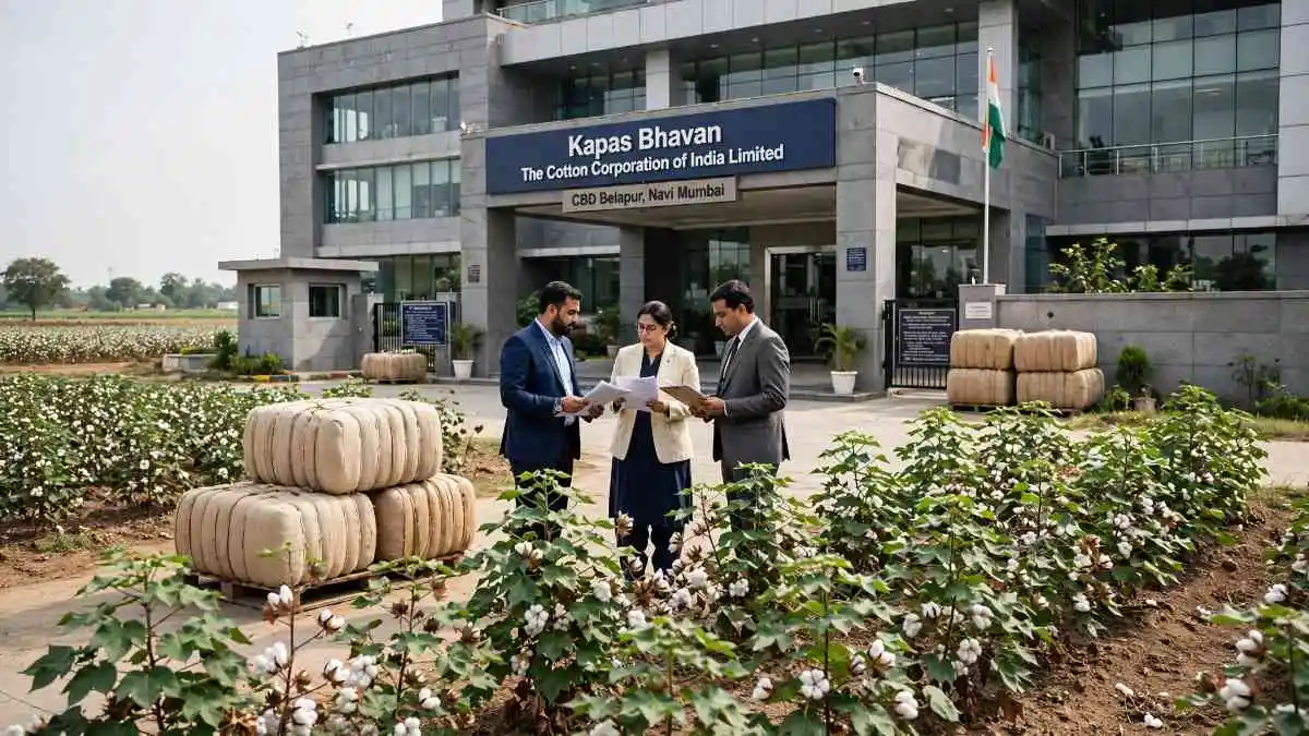 The Cotton Corporation of India Limited headquarters at CBD Belapur Navi Mumbai with cotton bales and professionals. CCI is a PSU under Ministry of Textiles with 19 branches and 590+ market yards.