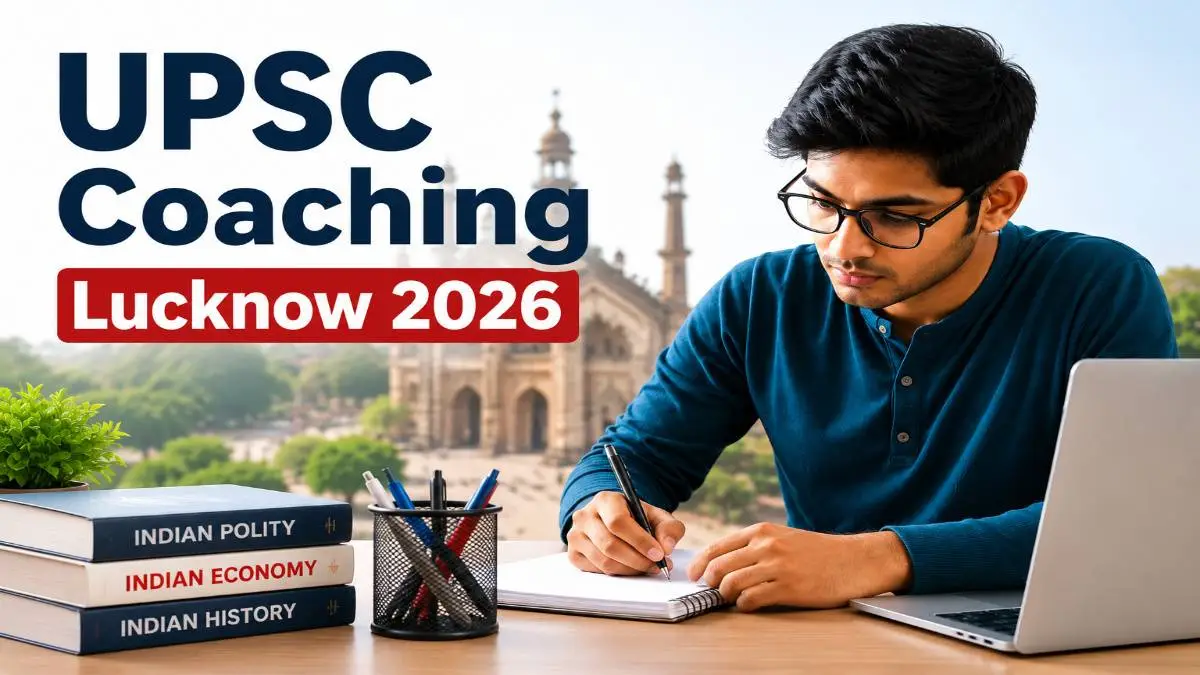 Best UPSC Coaching in Lucknow 2026 showing a UPSC aspirant studying with books and laptop while comparing top IAS coaching institutes in Lucknow.