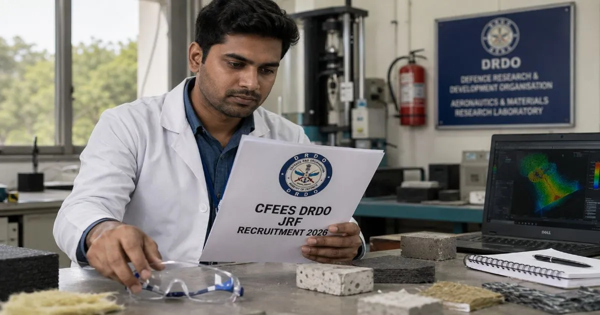DRDO CFEES JRF 2026 Walk-in Interview – Engineer Checking Notification Indian research engineer in lab coat reading DRDO CFEES JRF 2026 notification for 9 posts in Chemical Mechanical Civil Electronics Computer Engineering at Timarpur Delhi