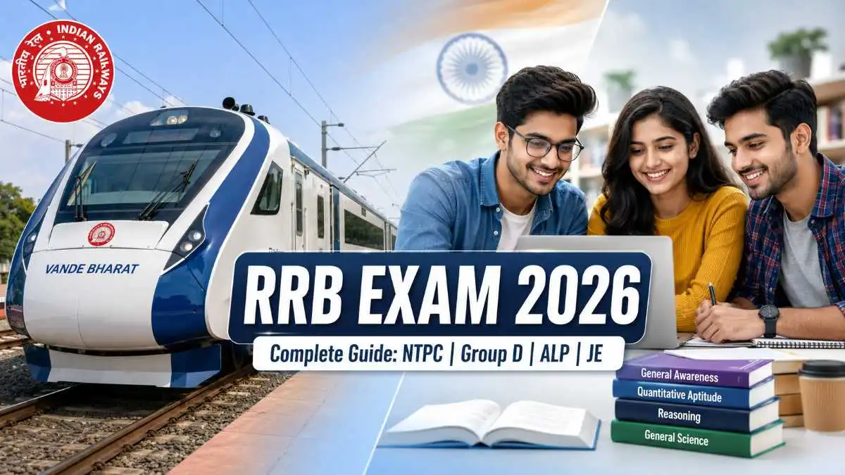 RRB Exam 2026 complete guide showing syllabus, exam pattern, eligibility, salary for NTPC Group D ALP JE with railway train and aspirants studying