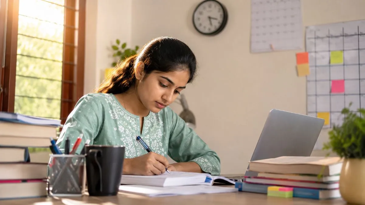 Indian female aspirant studying for government job exam with books and laptop
