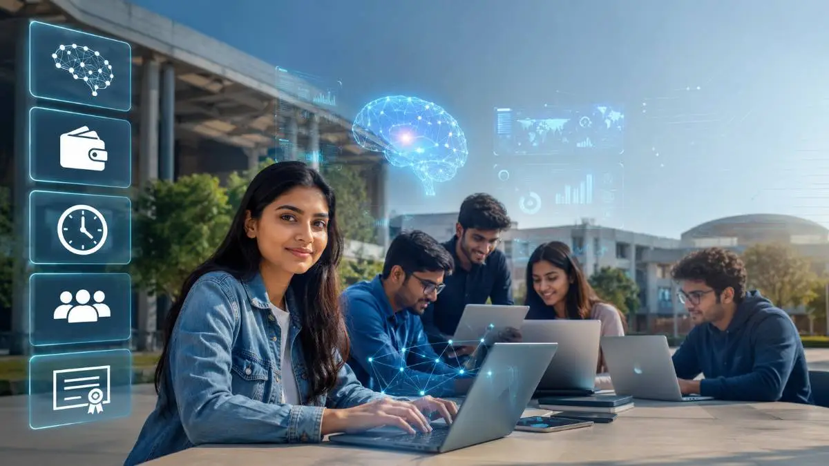 Top 5 IIT Short-Term Online AI Courses 2026 comparison showing AI students, IIT-style campus, course fees, duration, eligibility, and certification programs.