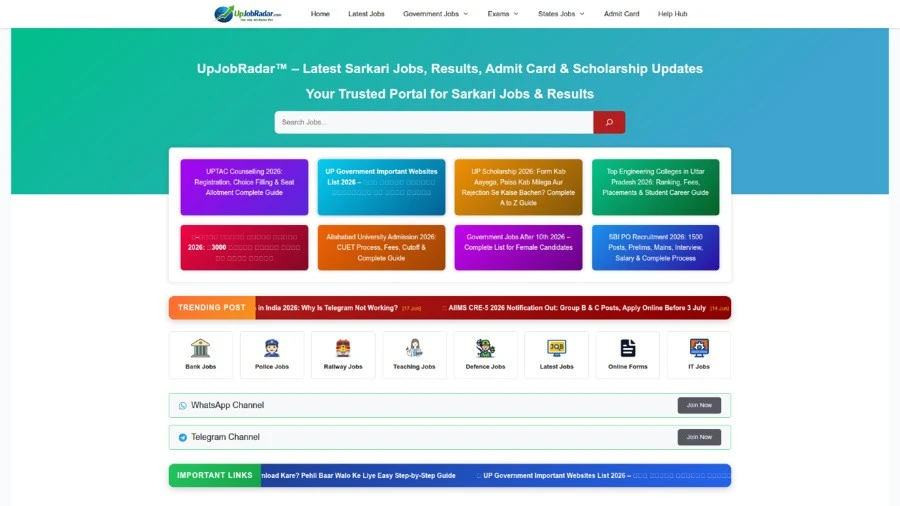 UPJobRadar homepage showing the latest Sarkari Jobs, Results, Admit Cards, Scholarships and Government Exam updates.
