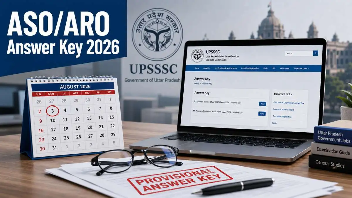 UPSSSC ASO ARO Mains provisional answer key 2026 displayed on laptop with 3 August objection last date marked on calendar