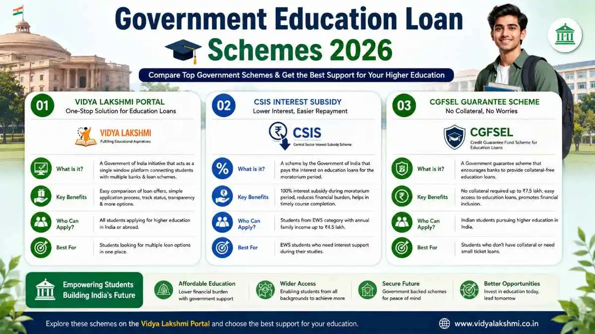 Government Education Loan Schemes 2026 Government Education Loan Schemes Comparison CSIS CGFSEL Vidya Lakshmi