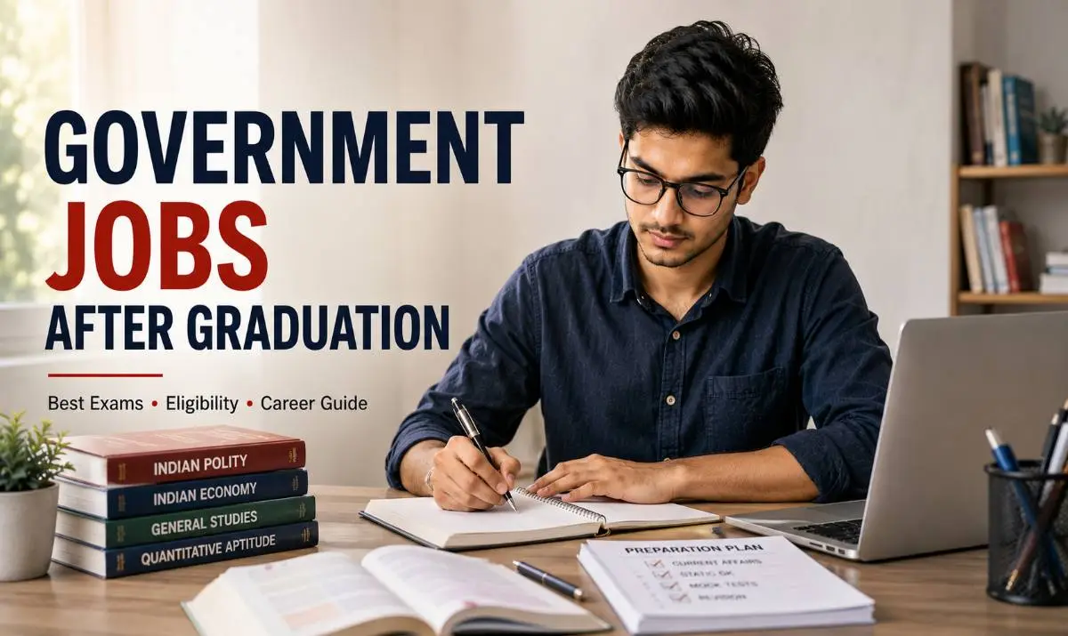 Indian graduate preparing for government jobs after graduation with exam preparation books and laptop