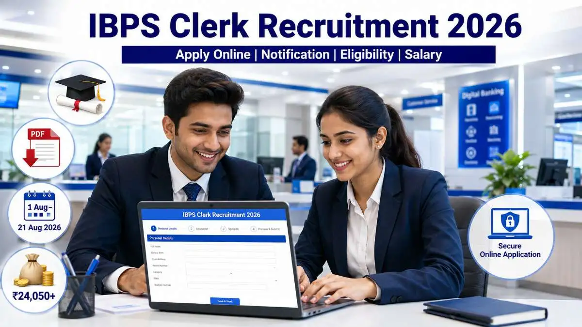 IBPS Clerk Recruitment 2026 feature image showing Indian graduates applying online for Customer Service Associate Clerk posts in public sector banks with notification, eligibility, salary and application details.