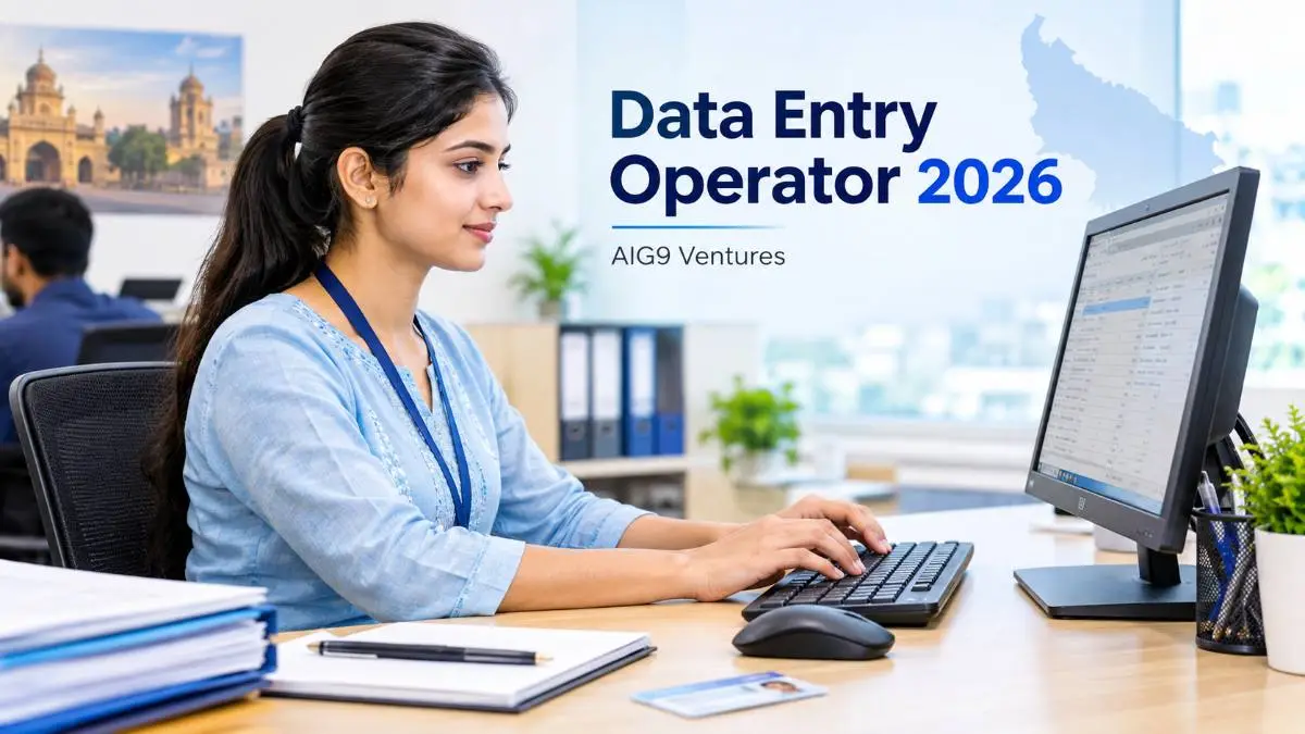 Data Entry Operator Recruitment 2026 featuring an Indian professional working on a desktop computer in a modern office at AIG9 Ventures.
