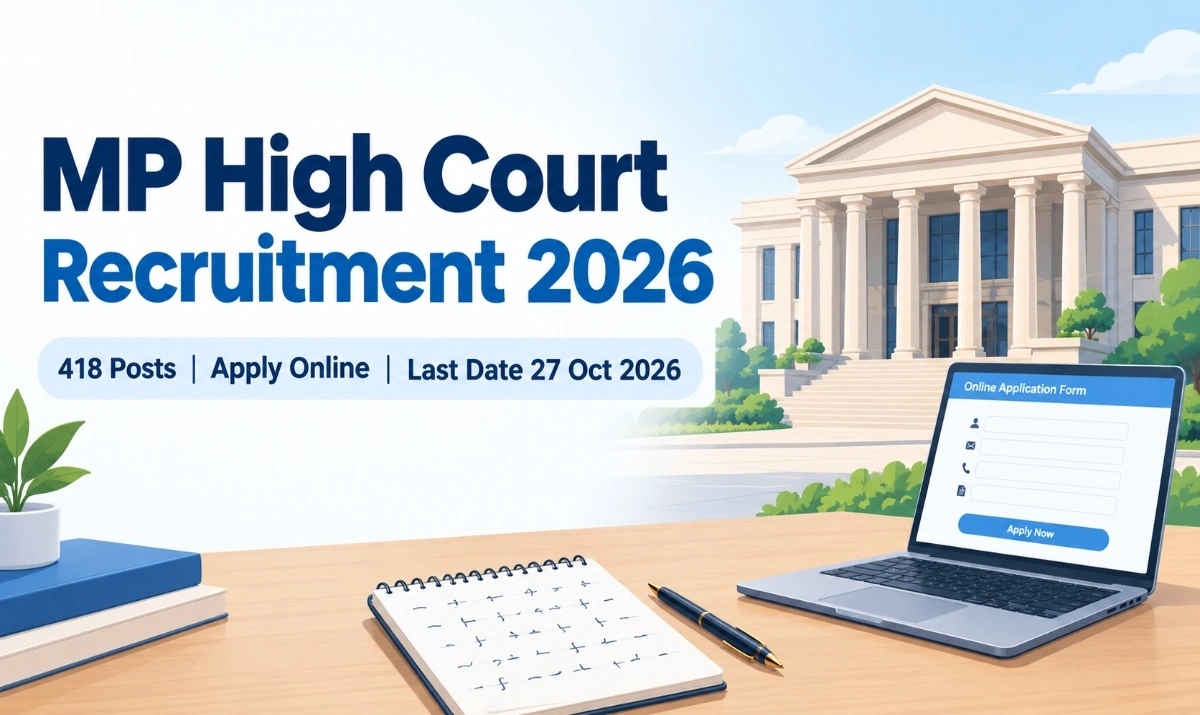MP High Court Recruitment 2026 banner showing a court building and stenography notepad for 418 District Courts posts