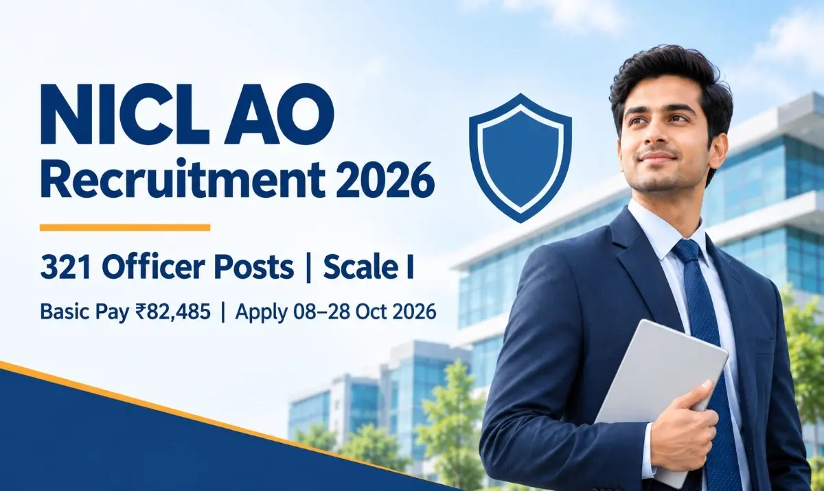NICL AO Recruitment 2026 banner showing 321 Administrative Officer Scale I posts and application dates 08 to 28 October 2026