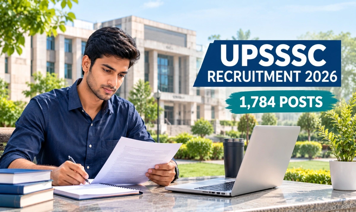UPSSSC Recruitment 2026 featuring a young Indian job aspirant preparing for government recruitment with application documents and a laptop.